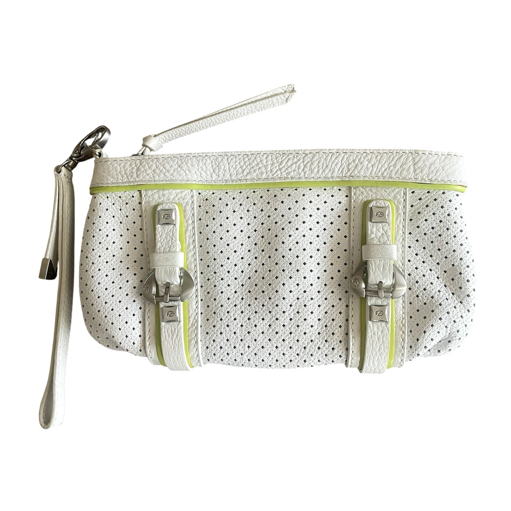 FRANCESCO BIASIA White Calf Leather Lime Green Perforated Clutch Wristlet Women